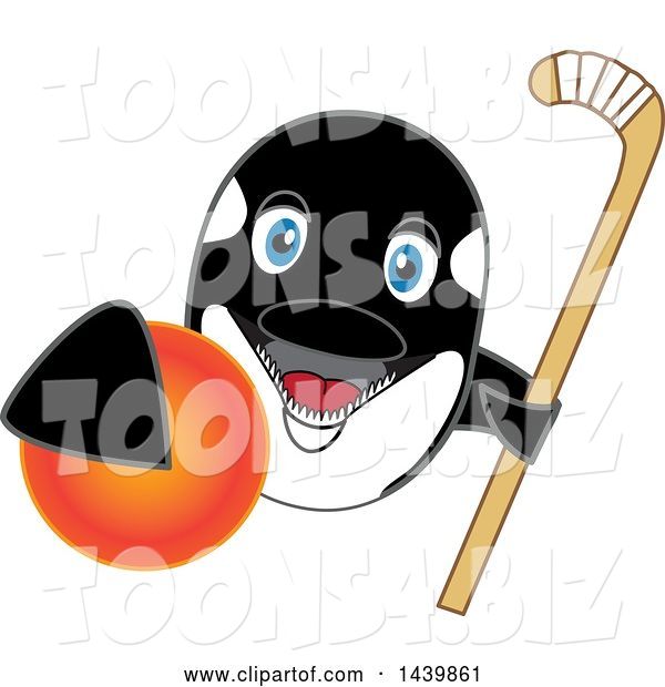 Vector Illustration of a Cartoon Killer Whale Orca Mascot Grabbing a Field Hockey Ball and Holding a Stick