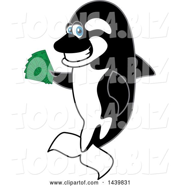 Vector Illustration of a Cartoon Killer Whale Orca Mascot Holding Cash Money