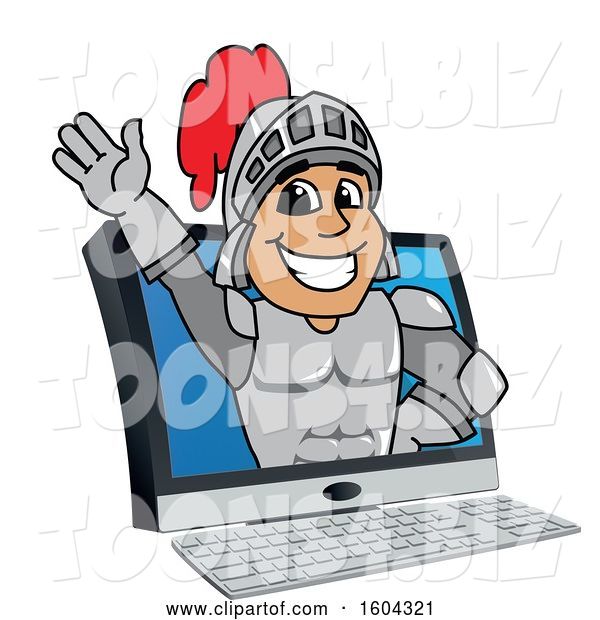 Vector Illustration of a Cartoon Knight Mascot Emerging from a Computer Screen