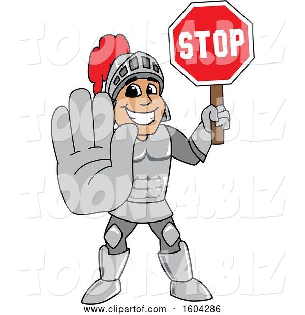 Vector Illustration of a Cartoon Knight Mascot Holding a Stop Sign