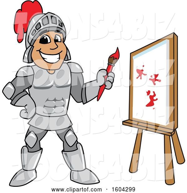 Vector Illustration of a Cartoon Knight Mascot Painting a Canvas