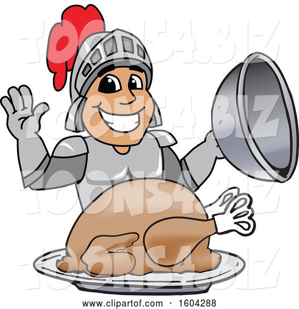 Vector Illustration of a Cartoon Knight Mascot Serving a Thanksgiving Turkey