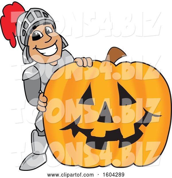 Vector Illustration of a Cartoon Knight Mascot with a Halloween Pumpkin