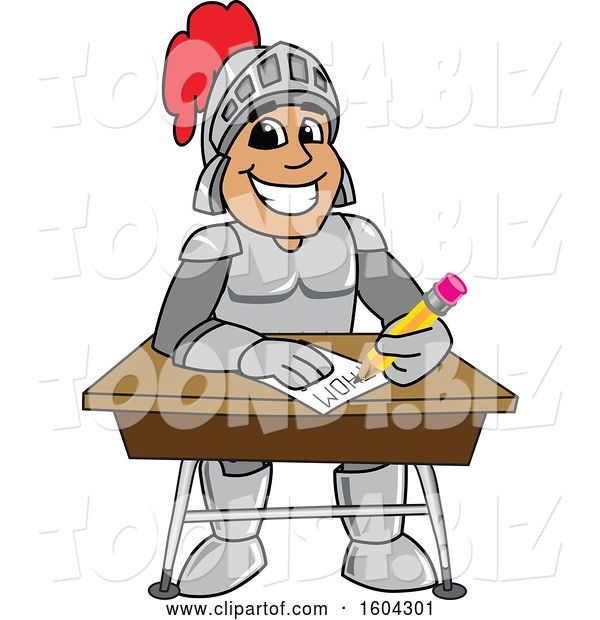 Vector Illustration of a Cartoon Knight Mascot Writing at a Desk