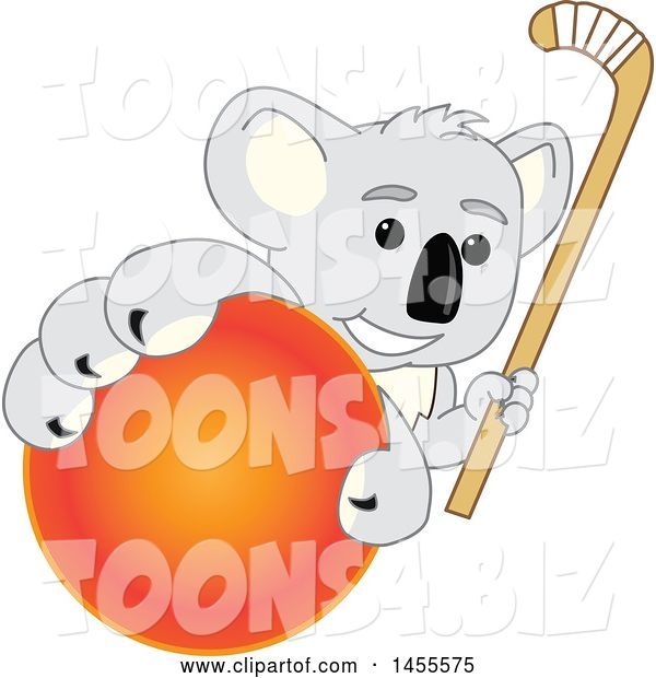 Vector Illustration of a Cartoon Koala Bear Mascot Holding a Hockey Stick and Grabbing a Field Ball