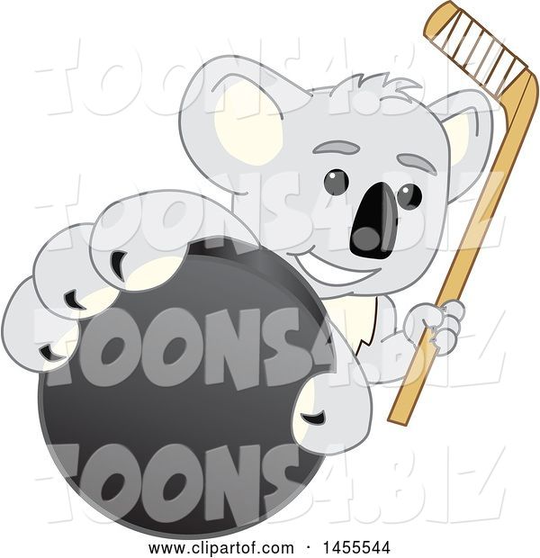 Vector Illustration of a Cartoon Koala Bear Mascot Holding a Hockey Stick and Grabbing a Puck
