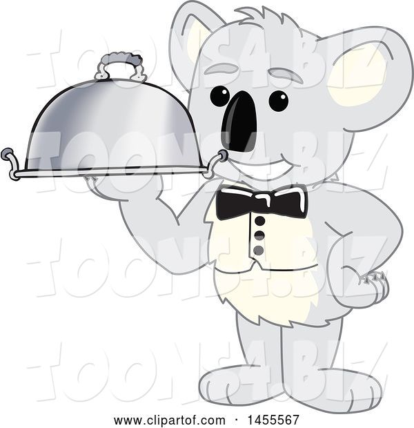 Vector Illustration of a Cartoon Koala Bear Mascot Waiter Holding a Cloche Platter