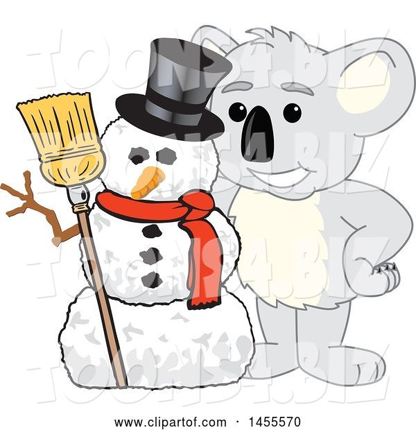 Vector Illustration of a Cartoon Koala Bear Mascot with a Christmas Winter Snowman