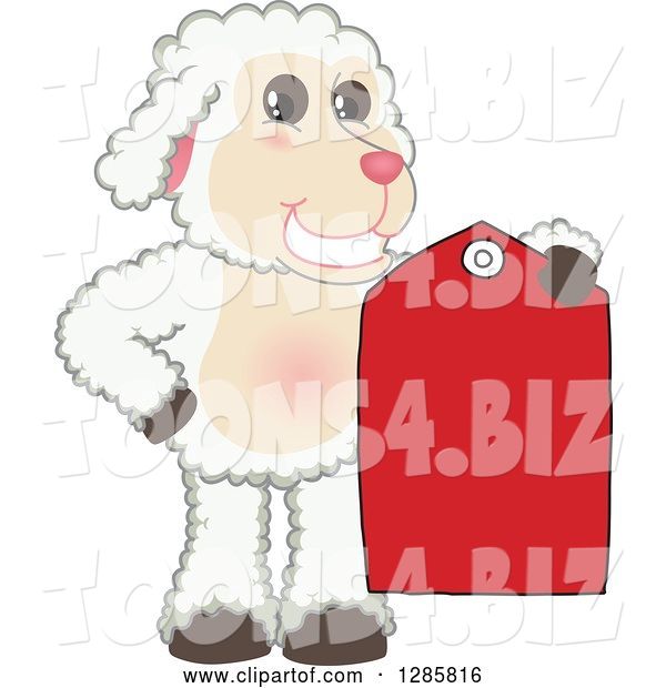 Vector Illustration of a Cartoon Lamb Mascot Holding a Red Clearance Sales Tag