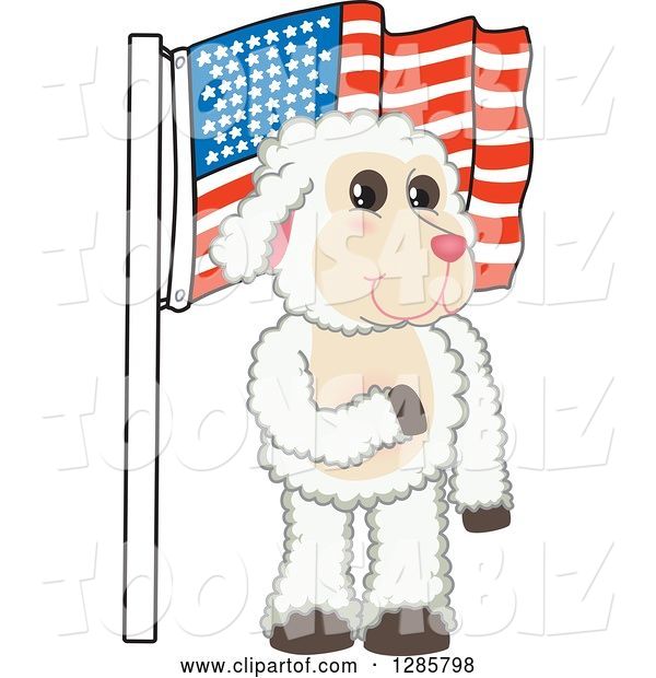 Vector Illustration of a Cartoon Lamb Mascot Pledging Allegiance to an American Flag