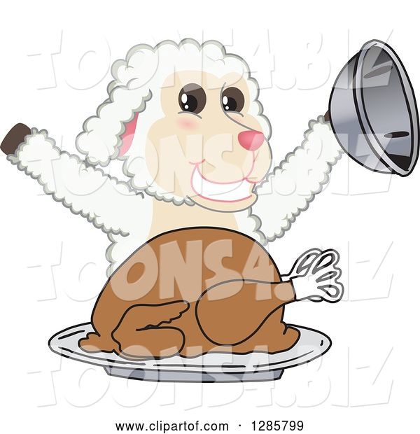 Vector Illustration of a Cartoon Lamb Mascot Serving a Roasted Thanksgiving Turkey