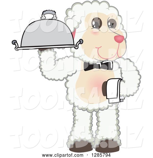 Vector Illustration of a Cartoon Lamb Mascot Waiter Holding a Cloche Platter