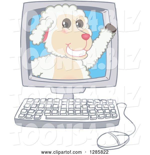 Vector Illustration of a Cartoon Lamb Mascot Waving from a Computer Screen