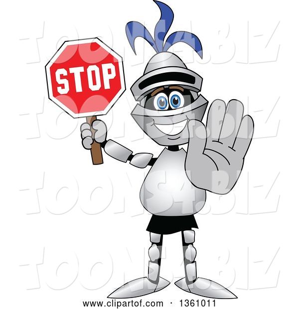Vector Illustration of a Cartoon Lancer Mascot Gesturing and Holding a Stop Sign