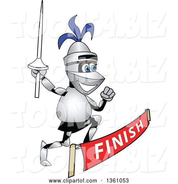 Vector Illustration of a Cartoon Lancer Mascot Holding a Lance and Racing Through a Finish Line