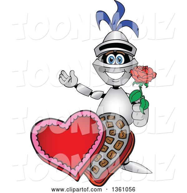 Vector Illustration of a Cartoon Lancer Mascot Holding a Rose over Valentines Day Chocolates