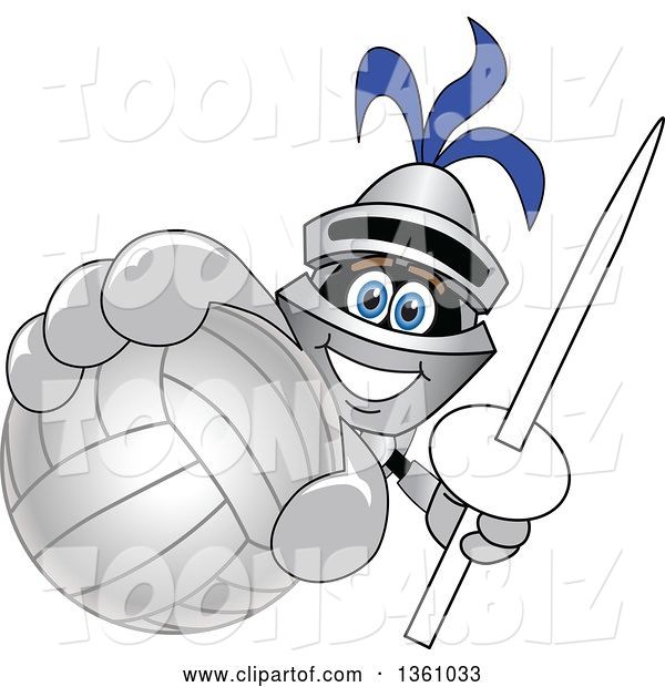 Vector Illustration of a Cartoon Lancer Mascot Holding up a Lance and Volleyball