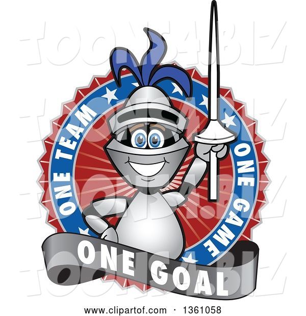 Vector Illustration of a Cartoon Lancer Mascot Holding up a Lance in a Circle Logo with One Team, One Game, One Goal Text