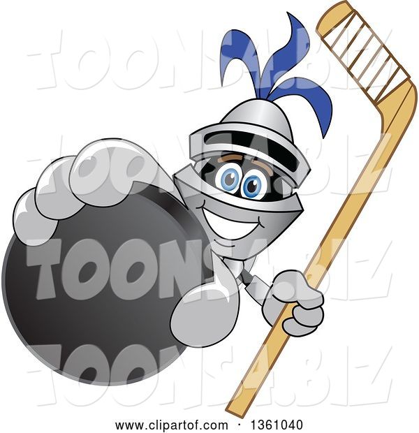 Vector Illustration of a Cartoon Lancer Mascot Holding up a Stick and a Hockey Puck