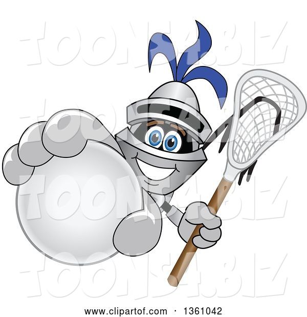 Vector Illustration of a Cartoon Lancer Mascot Holding up a Stick and a Lacrosse Ball