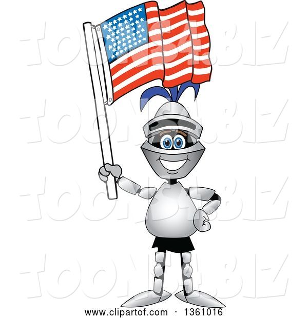 Vector Illustration of a Cartoon Lancer Mascot Holding up an American Flag