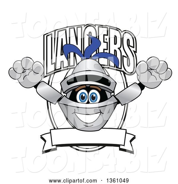 Vector Illustration of a Cartoon Lancer Mascot Leaping out of a Shield with Text and a Blank Banner