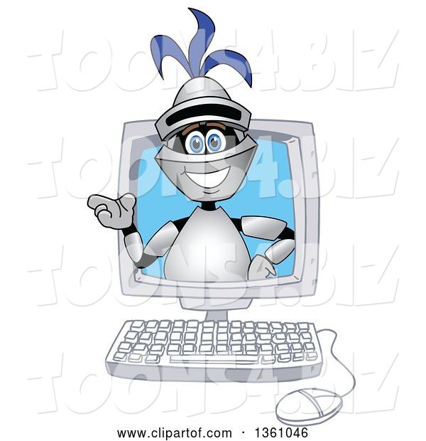 Vector Illustration of a Cartoon Lancer Mascot Presenting and Emerging from a Desktop Computer Screen