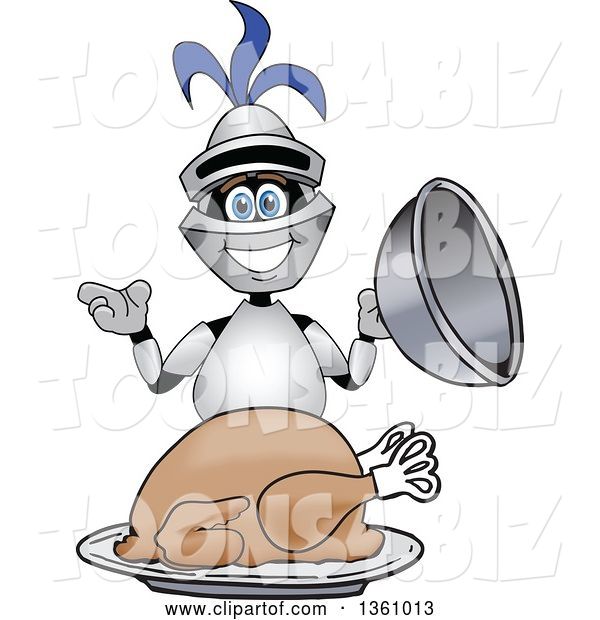 Vector Illustration of a Cartoon Lancer Mascot Serving a Roasted Thanksgiving Turkey