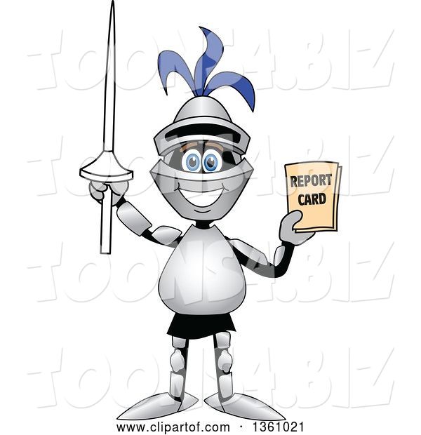 Vector Illustration of a Cartoon Lancer Mascot Student Holding up a Lance and a Report Card