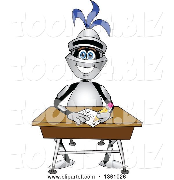 Vector Illustration of a Cartoon Lancer Mascot Student Writing at a Desk
