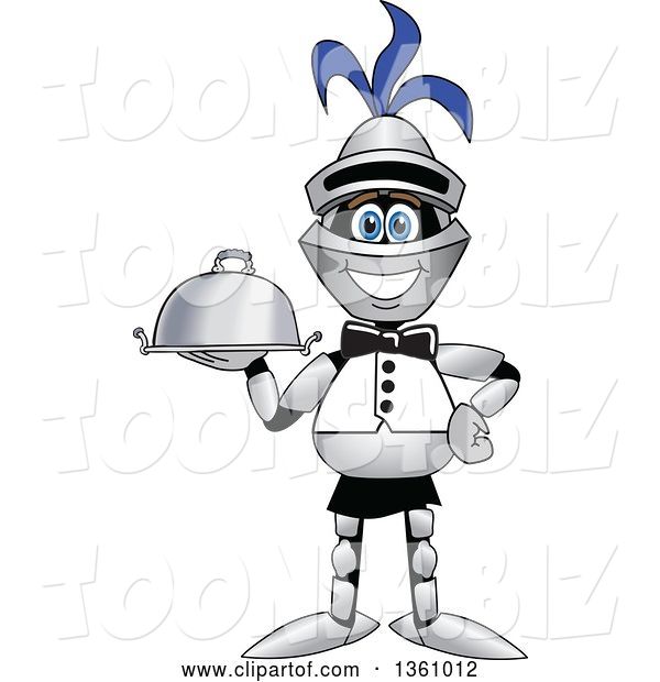Vector Illustration of a Cartoon Lancer Mascot Waiter Holding a Cloche Platter