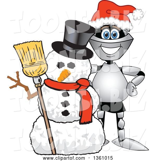 Vector Illustration of a Cartoon Lancer Mascot Wearing a Santa Hat and Smiling by a Christmas Snowman