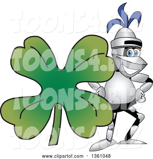 Vector Illustration of a Cartoon Lancer Mascot with a Giant St Patricks Day Four Leaf Clover