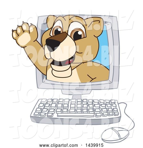 Vector Illustration of a Cartoon Lion Cub School Mascot Emerging from a Computer Screen