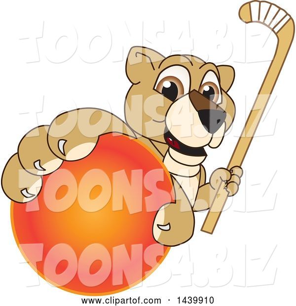 Vector Illustration of a Cartoon Lion Cub School Mascot Grabbing a Hockey Ball and Holding a Stick