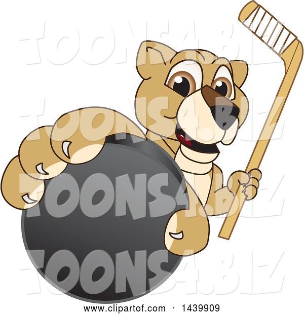 Vector Illustration of a Cartoon Lion Cub School Mascot Grabbing a Hockey Puck and Holding a Stick
