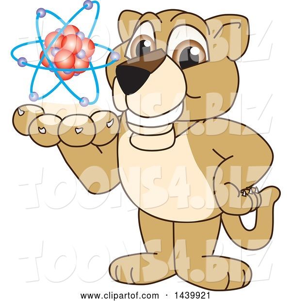 Vector Illustration of a Cartoon Lion Cub School Mascot Holding an Atom