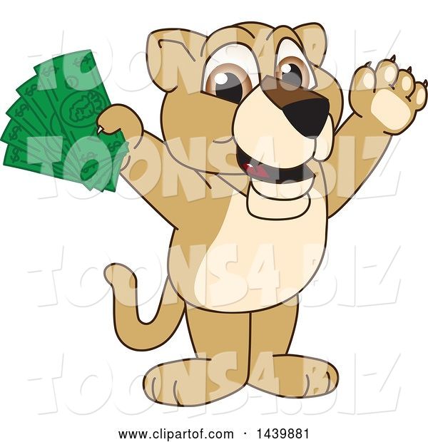 Vector Illustration of a Cartoon Lion Cub School Mascot Holding Cash Money