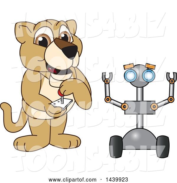 Vector Illustration of a Cartoon Lion Cub School Mascot Operating a Robot