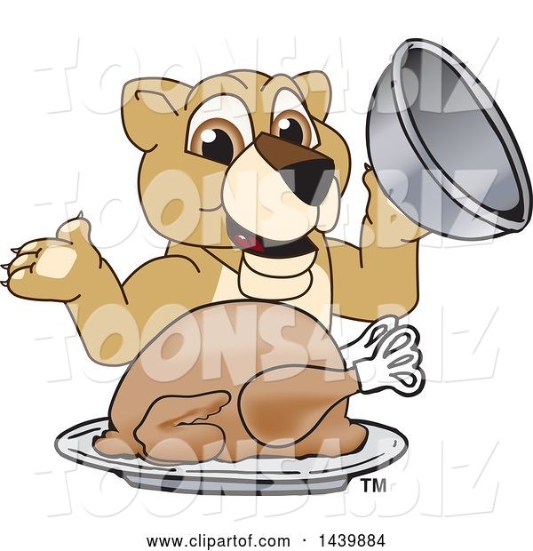 Vector Illustration of a Cartoon Lion Cub School Mascot Serving a Roasted Thanksgiving Turkey