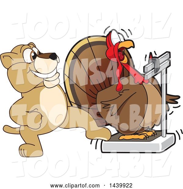 Vector Illustration of a Cartoon Lion Cub School Mascot Stepping on a Scale While a Turkey Is Weighing Himself