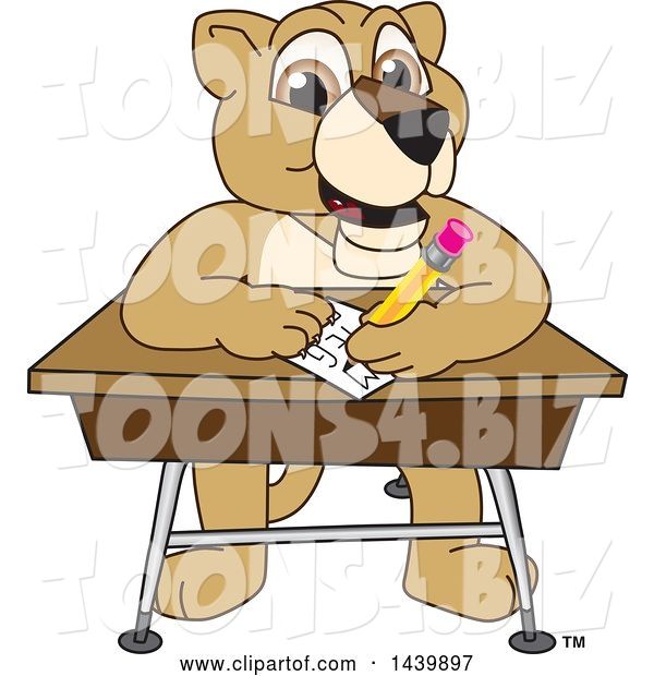 Vector Illustration of a Cartoon Lion Cub School Mascot Taking a Quiz