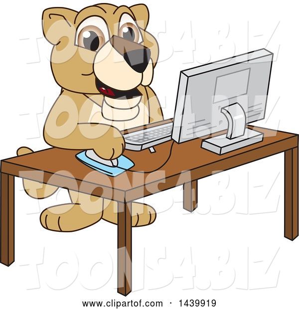 Vector Illustration of a Cartoon Lion Cub School Mascot Using a Computer