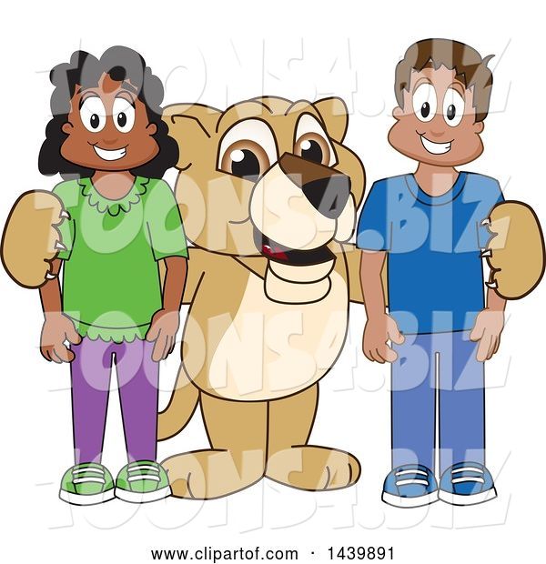 Vector Illustration of a Cartoon Lion Cub School Mascot with Happy Students