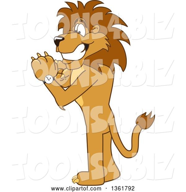 Vector Illustration of a Cartoon Lion Mascot Checking His Watch for the Time, Symbolizing Being Dependable
