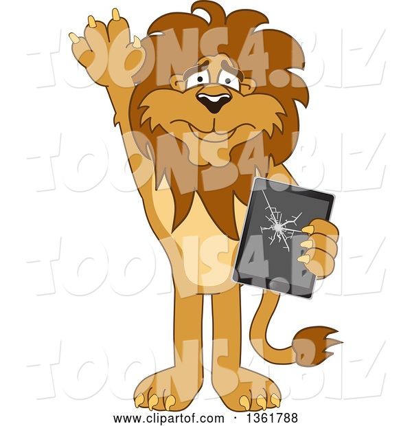 Vector Illustration of a Cartoon Lion Mascot Confessing to Breaking a Tablet Computer, Symbolizing Integrity