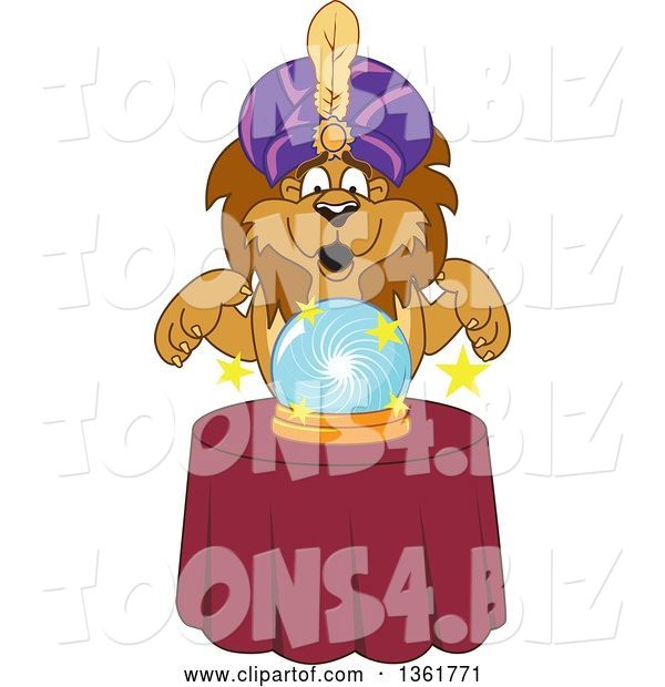 Vector Illustration of a Cartoon Lion Mascot Fortune Teller Looking into a Crystal Ball, Symbolizing Being Proactive