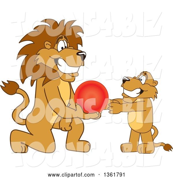 Vector Illustration of a Cartoon Lion Mascot Giving a Ball to a Cub, Symbolizing Compassion