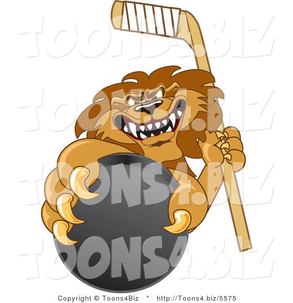 Vector Illustration of a Cartoon Lion Mascot Grabbing a Hockey Puck