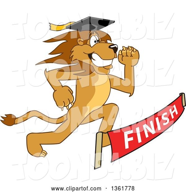 Vector Illustration of a Cartoon Lion Mascot Graduate Running to a Finish Line, Symbolizing Determination